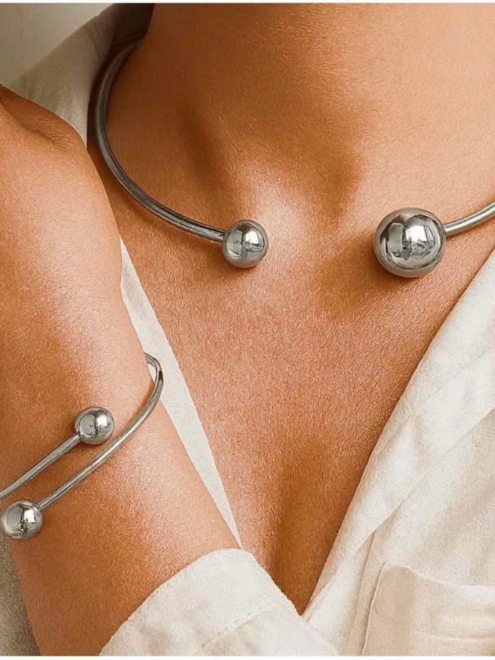 Silver Open Cuff Bracelet - Polished Ball Detail